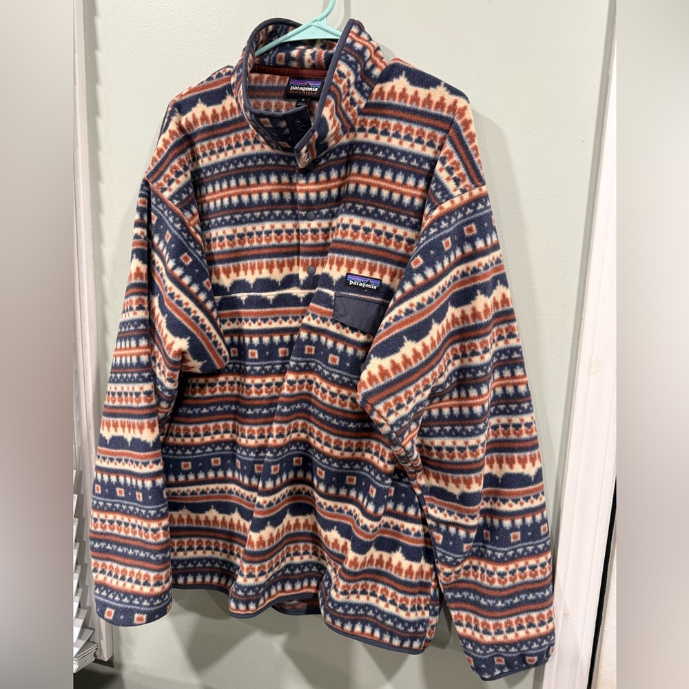 Patagonia Men's Fleece Pullover Jacket - Navy, Cream & Rust Pattern